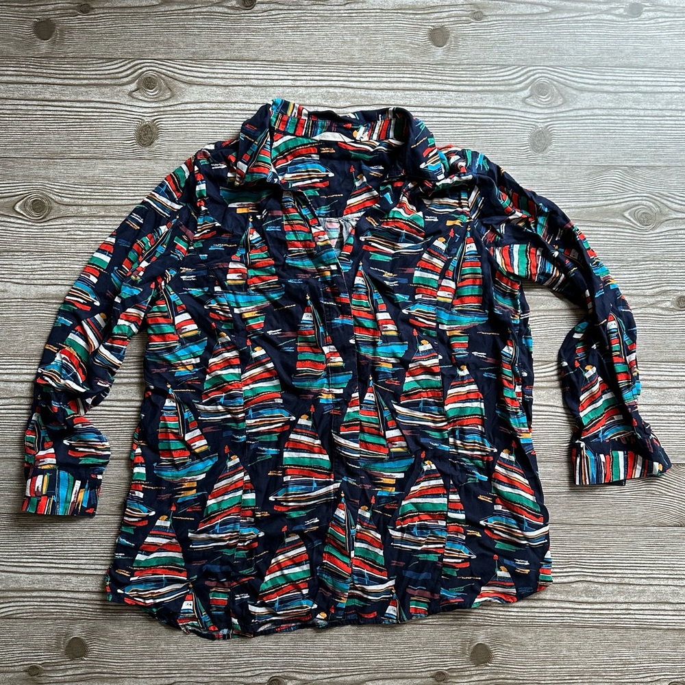 Soft Surroundings Blue and Red Geometric Button Down Shirt